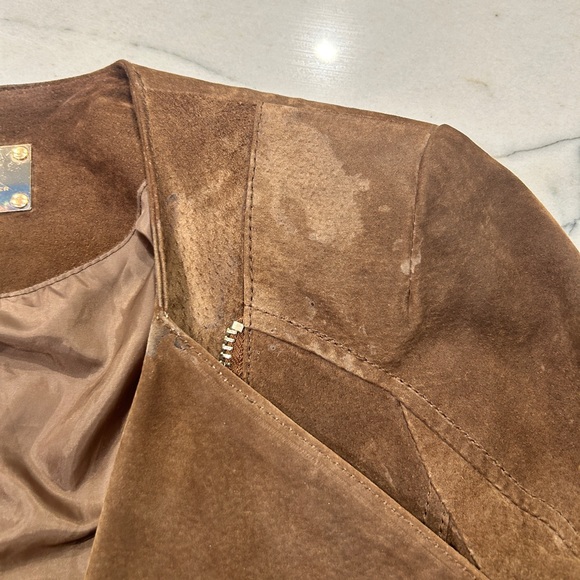 Mango, genuine, leather suede, Moto jacket, gold zippers, tan brown, size medium - Picture 3 of 6